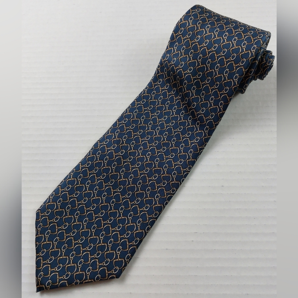 Brooks Brothers Makers Tie Blue Horse Stirrups Pure Silk USA 58.75" x 3.5"